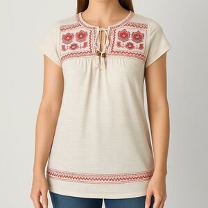 Swiss Floral Tunic Top Embroidery Embellished Boho Cream & Pink Small